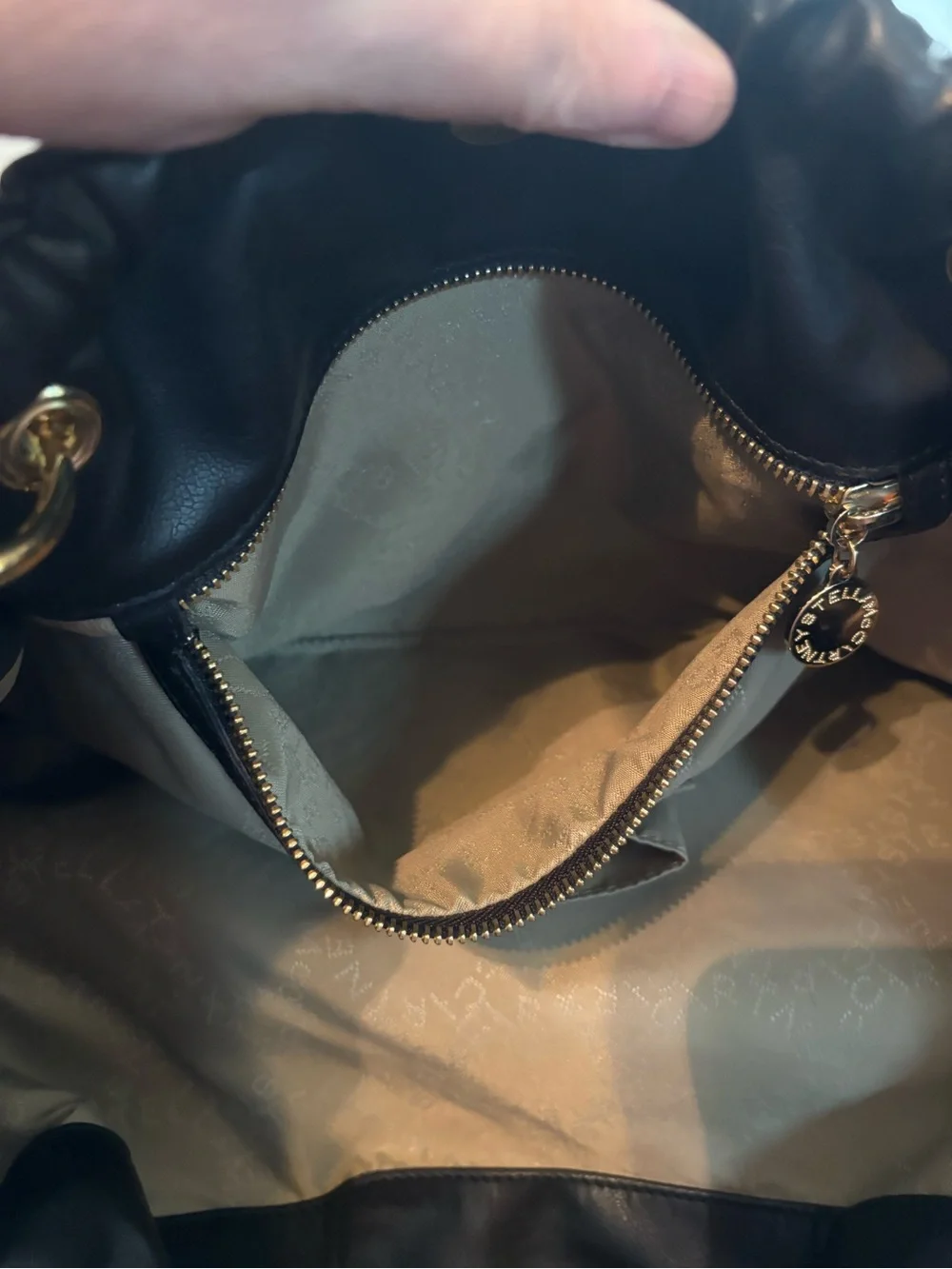 Authentic Stella McCartney Noma Soft Drawstring Shopper Tote Black/Gold Hardware